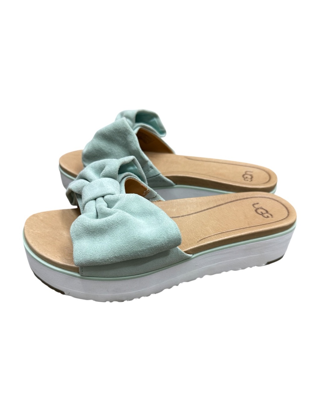 UGG Mint Green Suede Bow Platform Slide Sandals Size 9